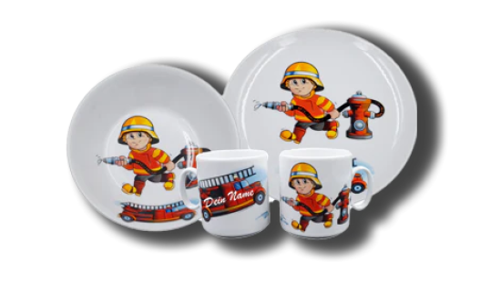 Namenstasse/Schale/Teller Porzellan - Feuerwehr 3er-Set